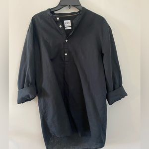 Zara Mens Black Linen Style Long Sleeve Black Shirt